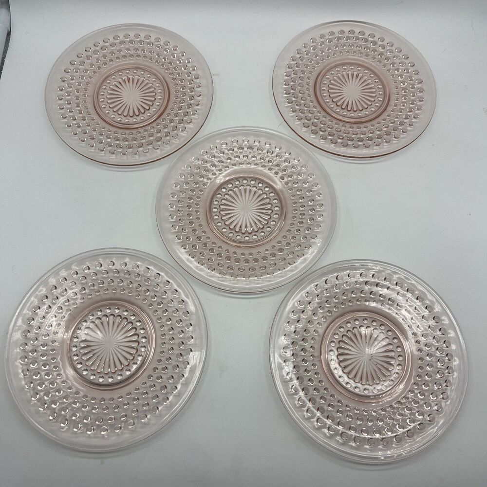 Set Of 5 Anchor Hocking Pink Depression Hobnail Vintage Sherbet Saucer